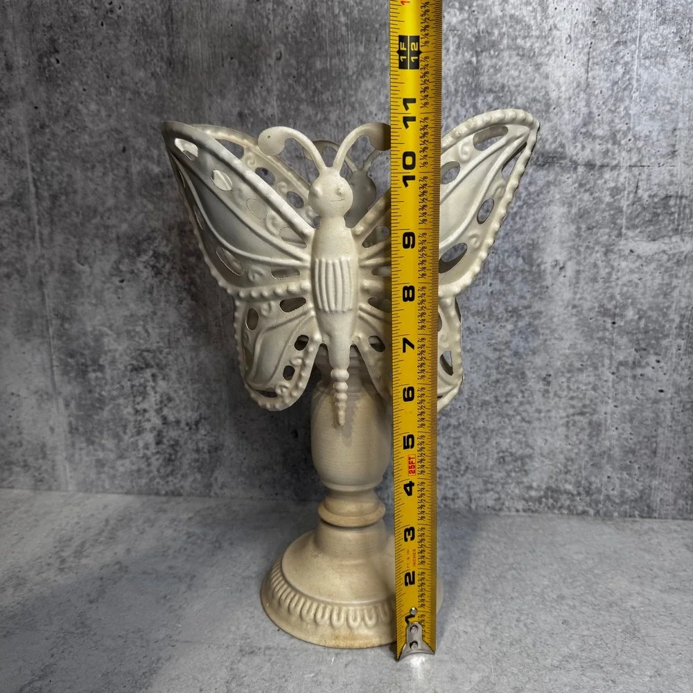 Cream Metal Butterfly Pillar Candle Holder Pedestal Distressed Shabby Chic